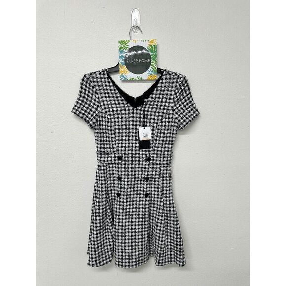 DKNY Women's Petite V-Neck Button-Trim Gingham Check Dress - Black Ivory 2P - Picture 2 of 5
